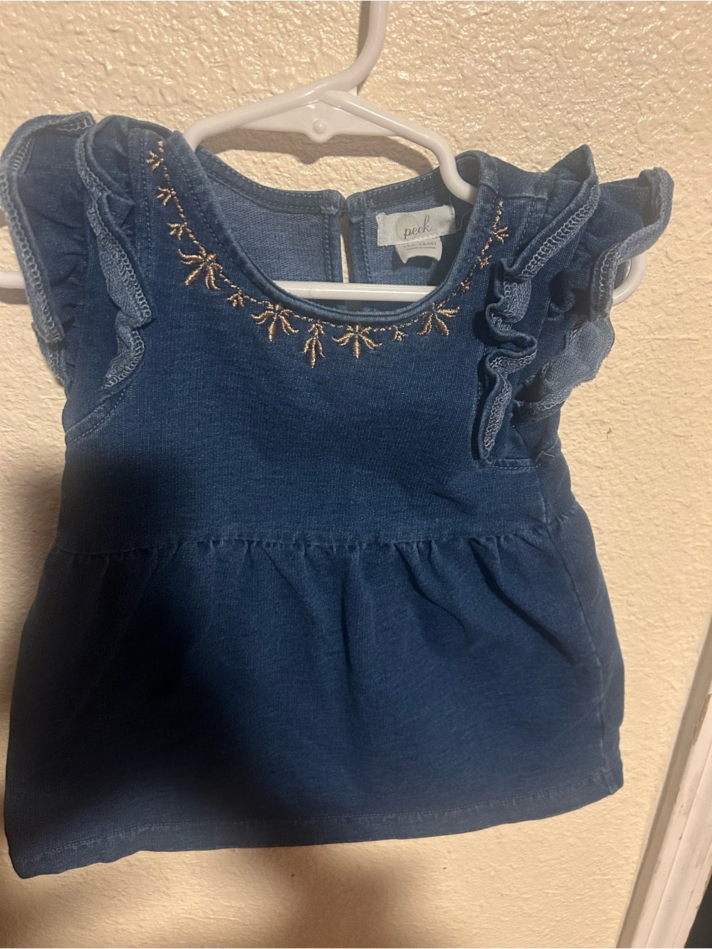 Peek Navy Blue Ruffle Sleeve Top with Gold Embroidery
